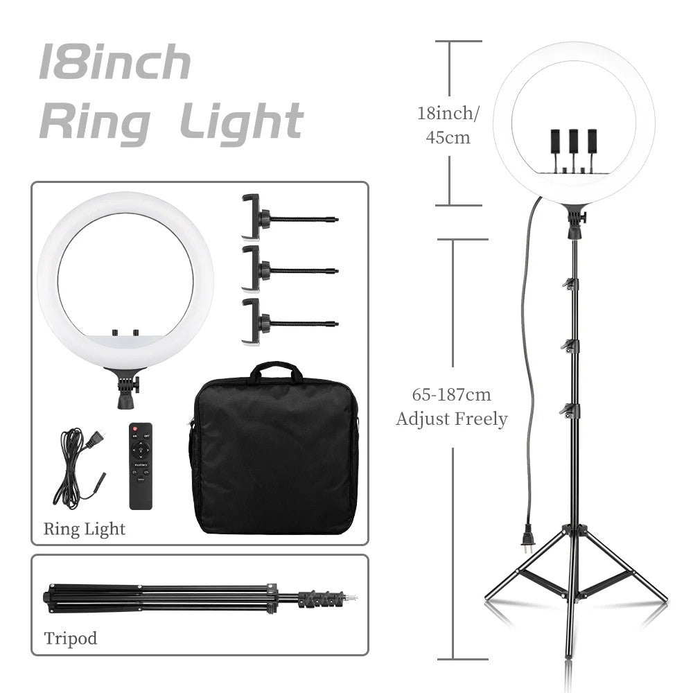 Ring Light LED 18 com Tripé Ajustável e Controle Remoto – Iluminação Profissional para Foto e Vídeo