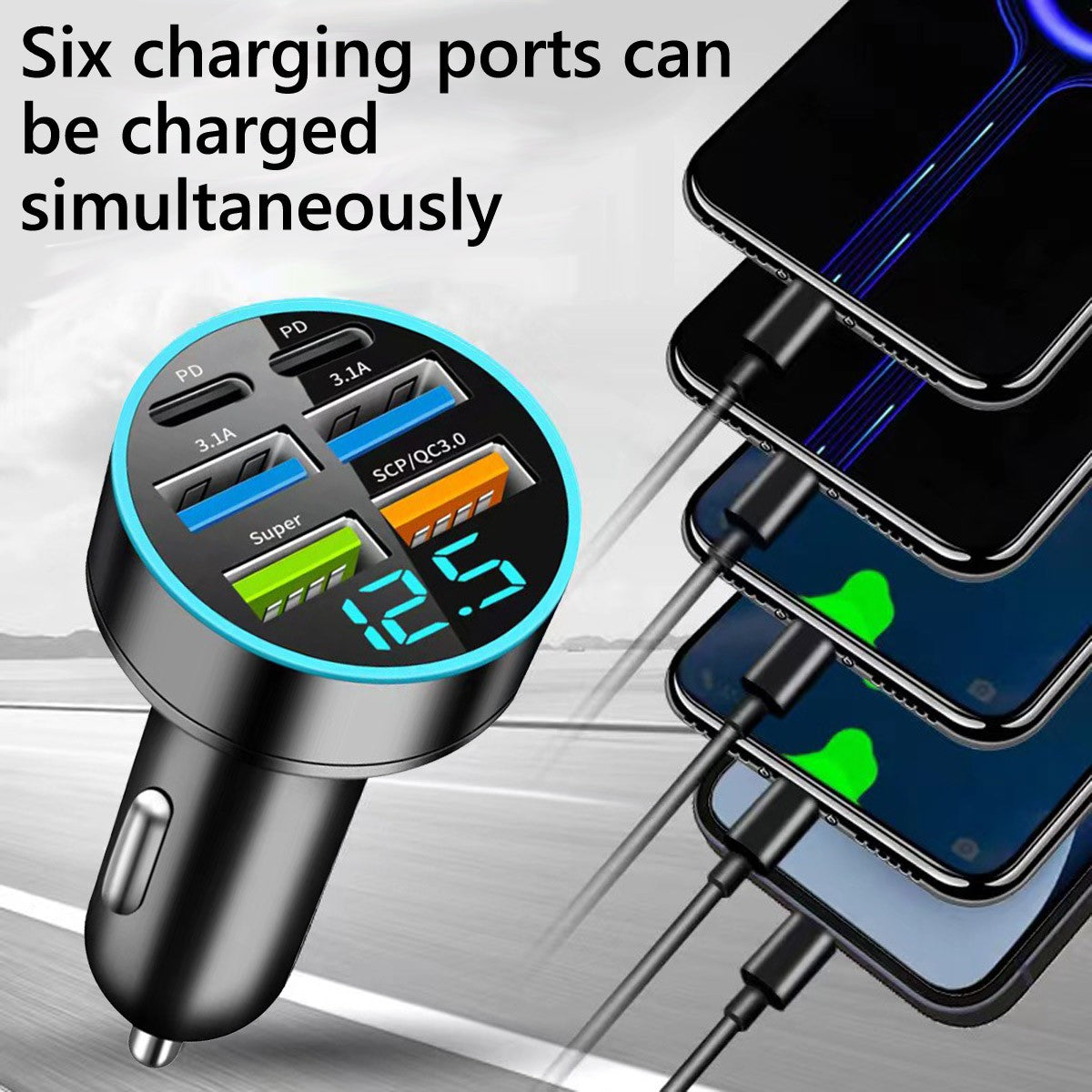 Carregador de carro USB C Tipo C 6 Portas