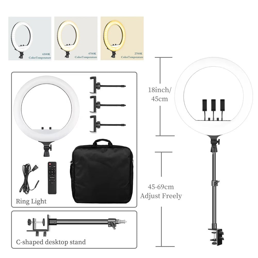 Ring Light LED 18 com Tripé Ajustável e Controle Remoto – Iluminação Profissional para Foto e Vídeo