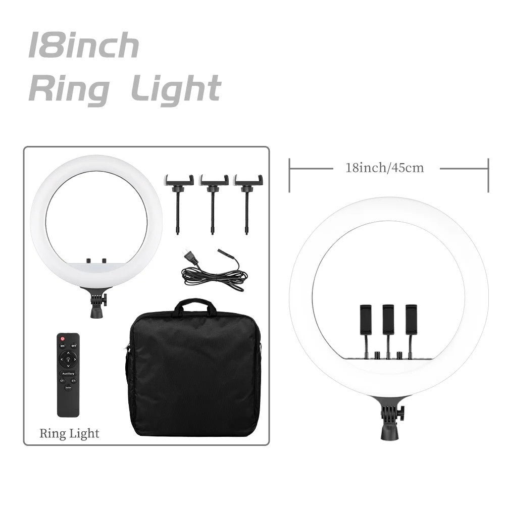Ring Light LED 18 com Tripé Ajustável e Controle Remoto – Iluminação Profissional para Foto e Vídeo