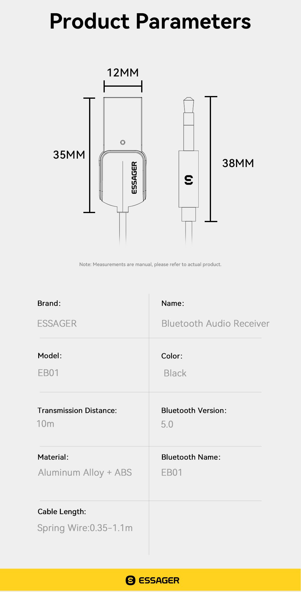 Transmissor e Receptor Bluetooth 5.0 ESSAGER – Áudio Sem Fio para Carro com Cabo Auxiliar P2