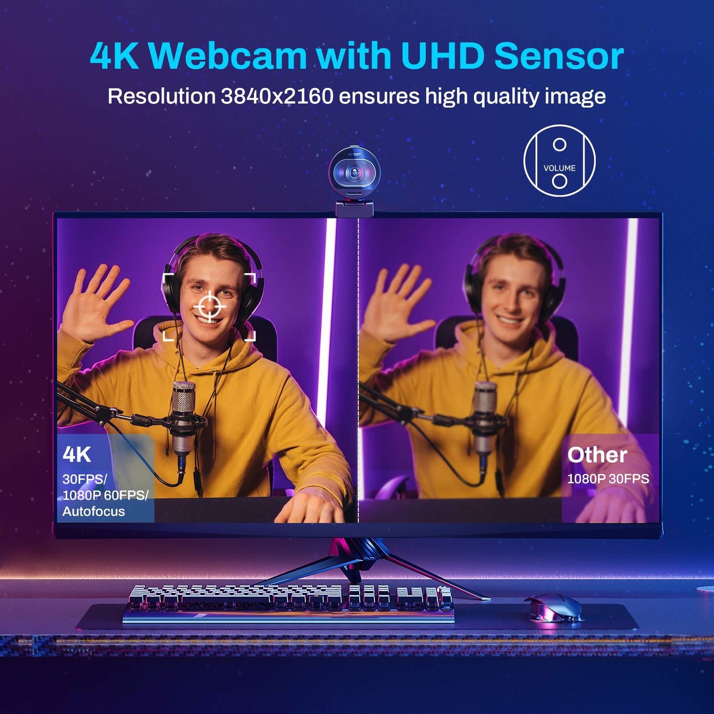 Webcam EMEET S600 4K com Autofoco – Streaming em 1080p a 60FPS