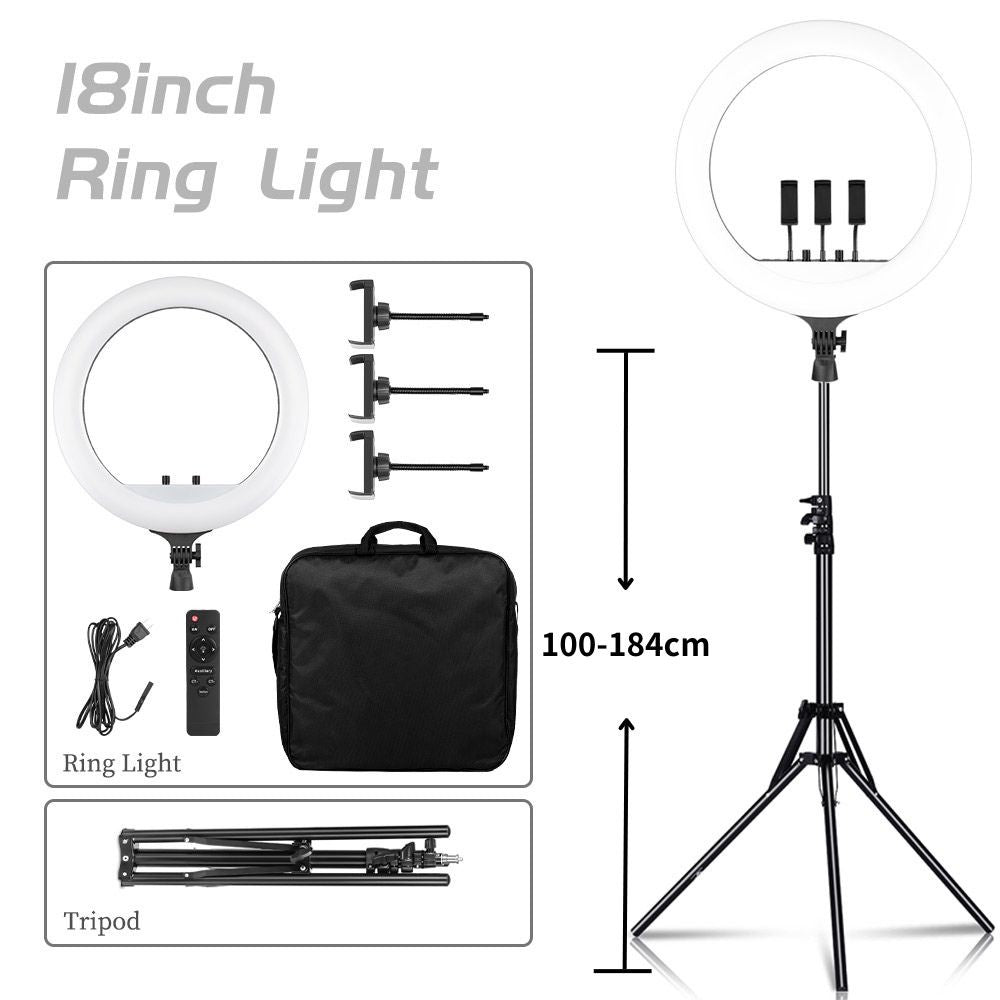 Ring Light LED 18 com Tripé Ajustável e Controle Remoto – Iluminação Profissional para Foto e Vídeo