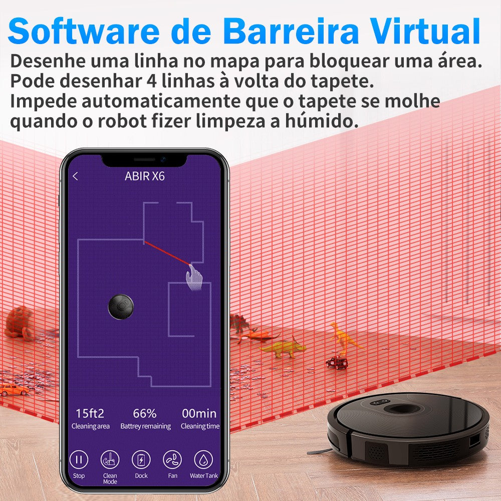 Aspirador Robô ABIR X6 – Navegação Visual, APP com Barreiras Virtuais, Sucção de 6000PA, Mop Inteligente e Lavagem de Pisos e Carpetes