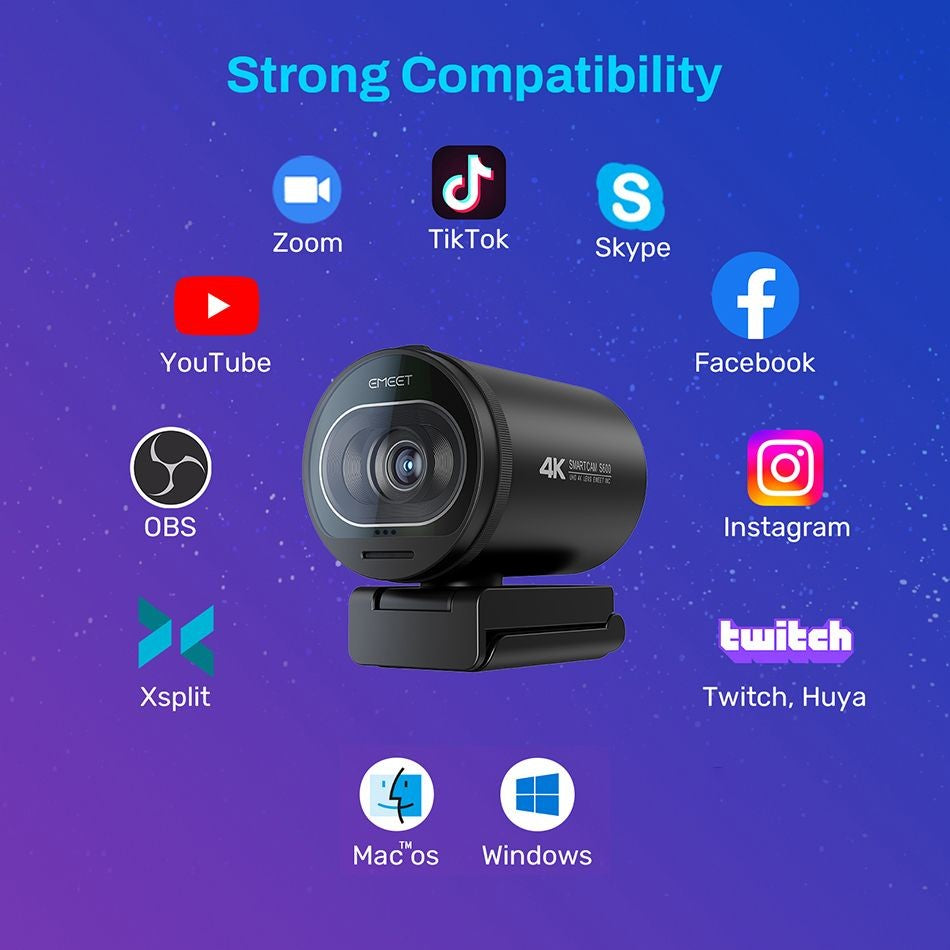Webcam EMEET S600 4K com Autofoco – Streaming em 1080p a 60FPS