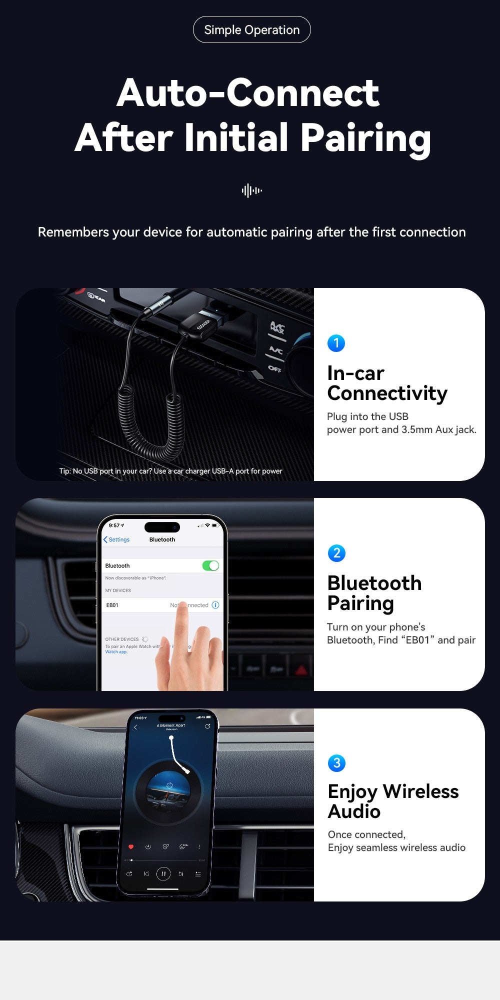 Transmissor e Receptor Bluetooth 5.0 ESSAGER – Áudio Sem Fio para Carro com Cabo Auxiliar P2