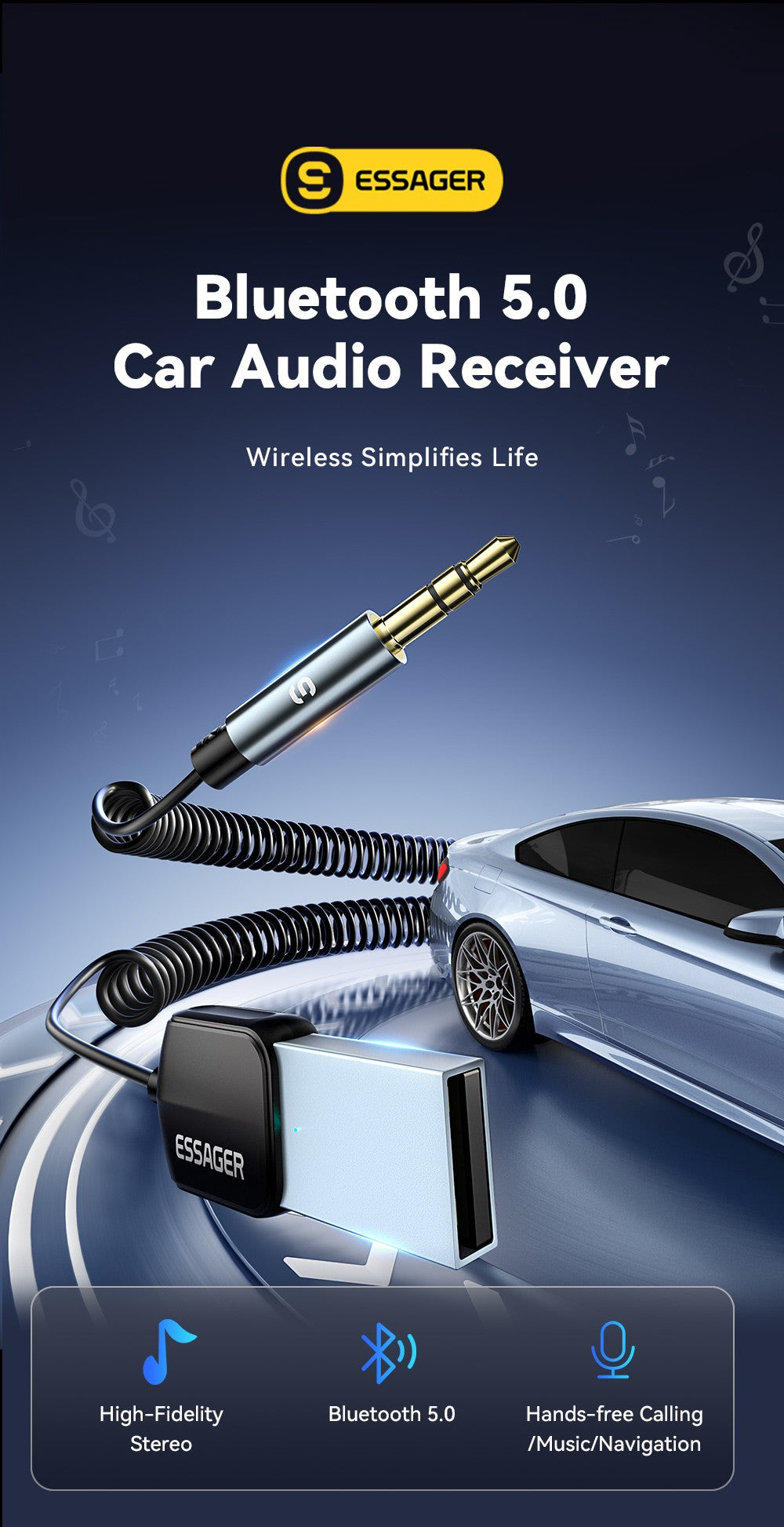 Transmissor e Receptor Bluetooth 5.0 ESSAGER – Áudio Sem Fio para Carro com Cabo Auxiliar P2