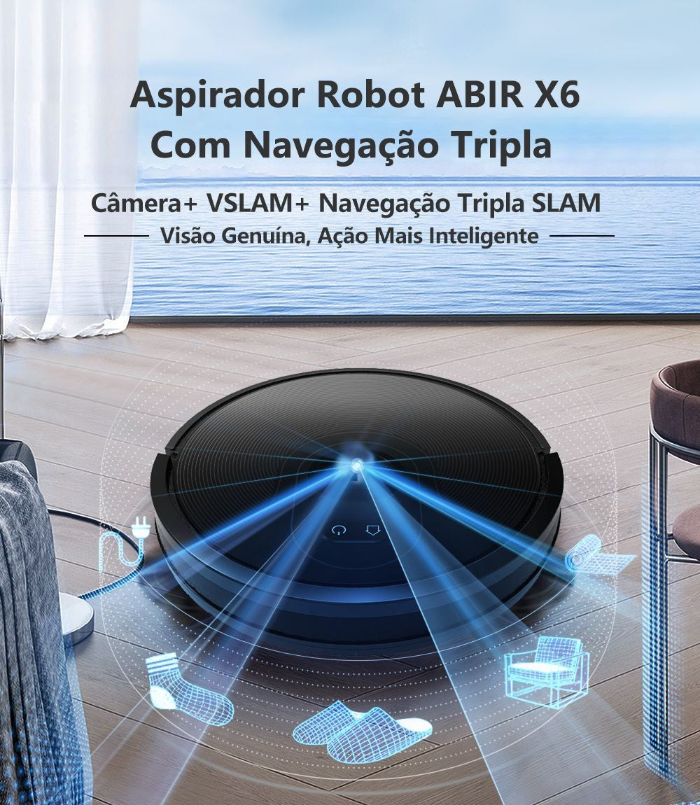 Aspirador Robô ABIR X6 – Navegação Visual, APP com Barreiras Virtuais, Sucção de 6000PA, Mop Inteligente e Lavagem de Pisos e Carpetes