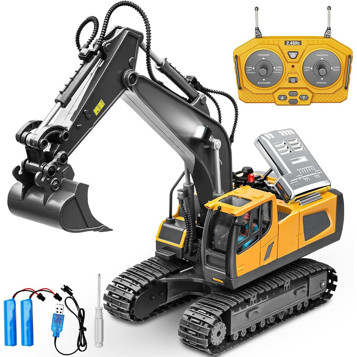 Escavadeira de Controle Remoto RC com Luzes e Sons – Veículo de Construção