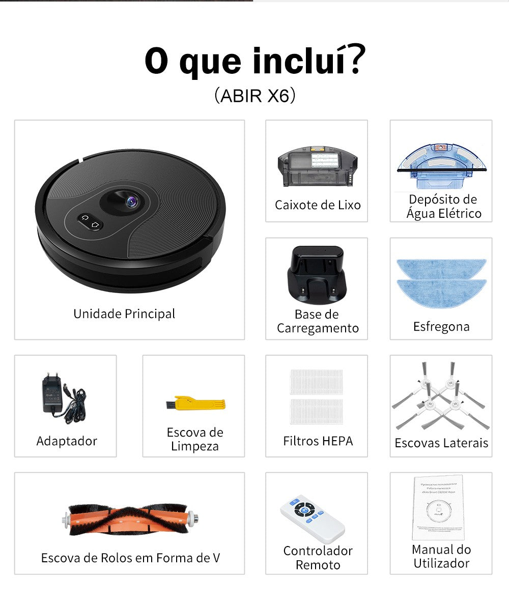 Aspirador Robô ABIR X6 – Navegação Visual, APP com Barreiras Virtuais, Sucção de 6000PA, Mop Inteligente e Lavagem de Pisos e Carpetes