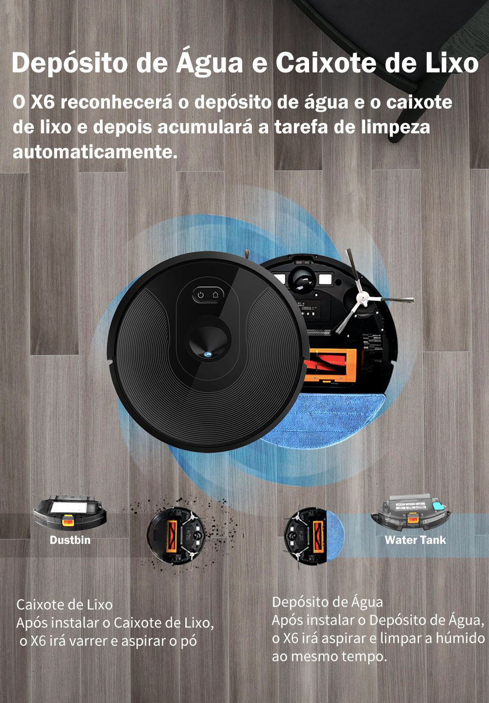 Aspirador Robô ABIR X6 – Navegação Visual, APP com Barreiras Virtuais, Sucção de 6000PA, Mop Inteligente e Lavagem de Pisos e Carpetes