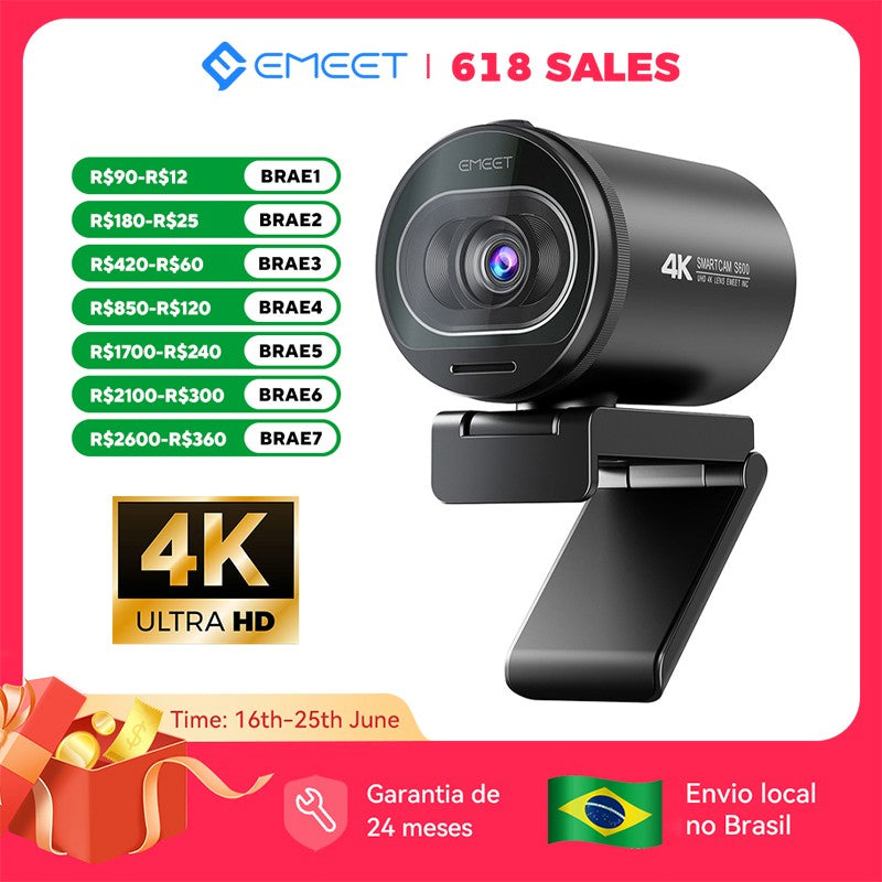 Webcam EMEET S600 4K com Autofoco – Streaming em 1080p a 60FPS