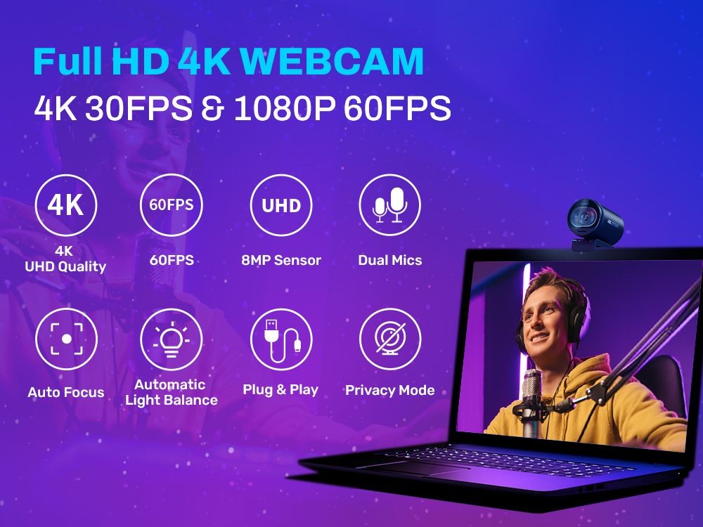 Webcam EMEET S600 4K com Autofoco – Streaming em 1080p a 60FPS