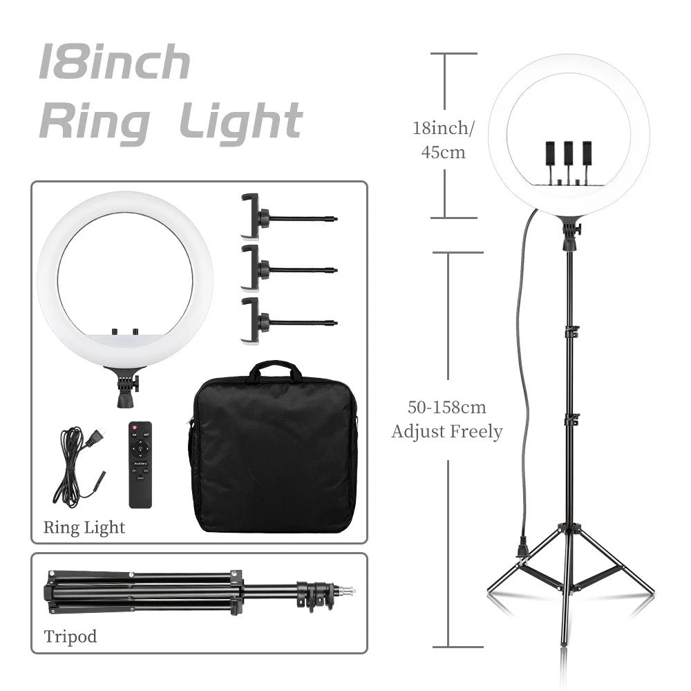 Ring Light LED 18 com Tripé Ajustável e Controle Remoto – Iluminação Profissional para Foto e Vídeo