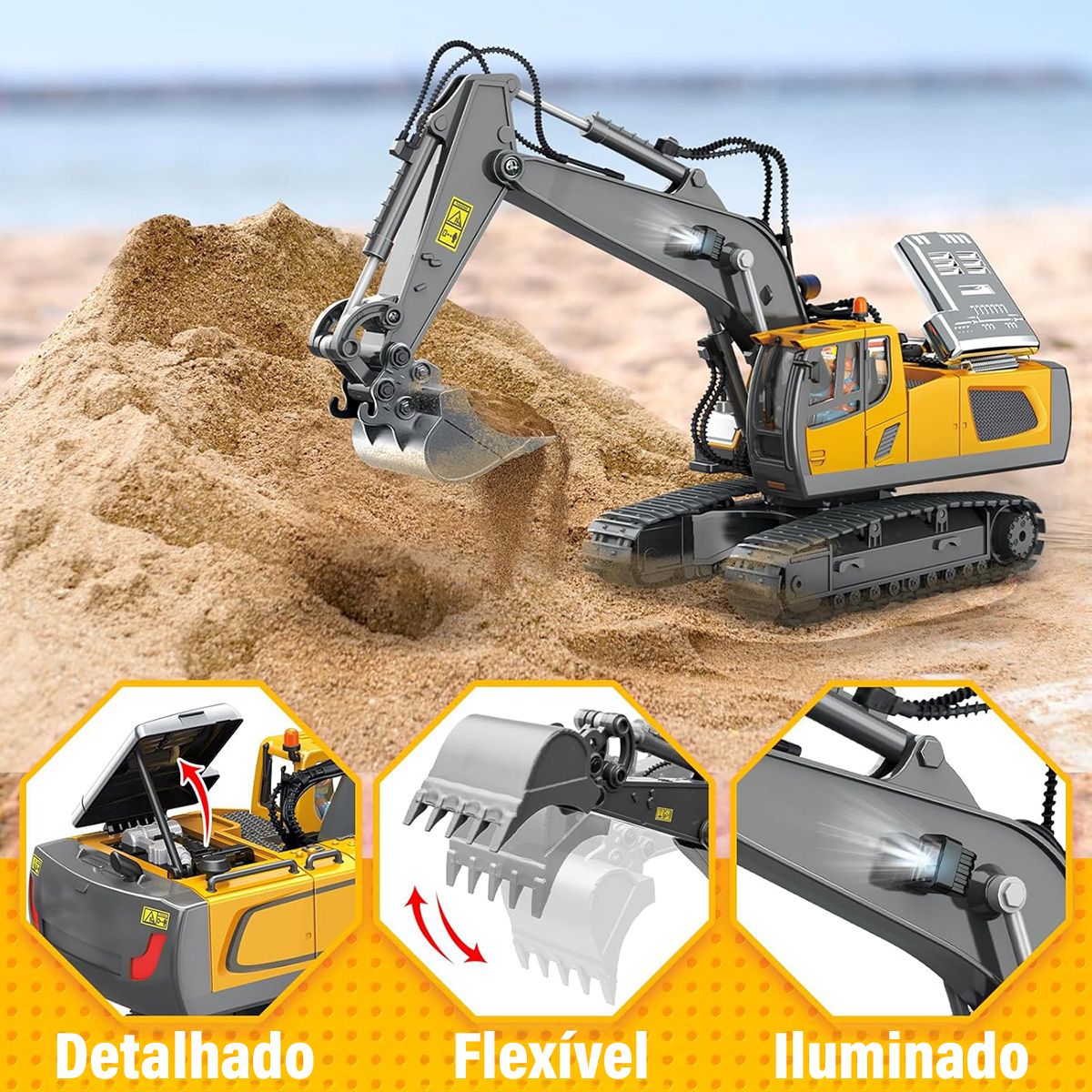 Escavadeira de Controle Remoto RC com Luzes e Sons – Veículo de Construção
