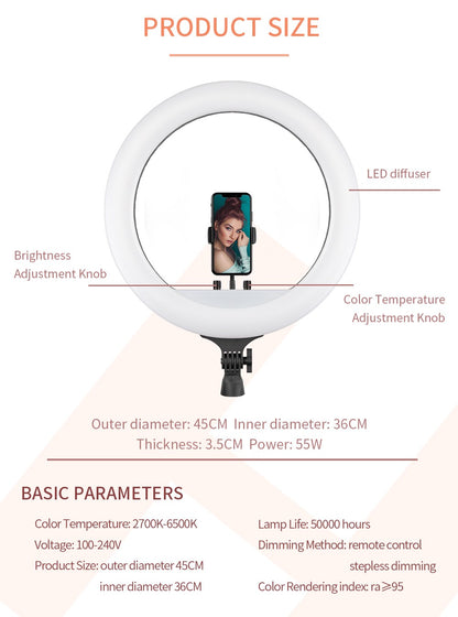 Ring Light LED 18 com Tripé Ajustável e Controle Remoto – Iluminação Profissional para Foto e Vídeo