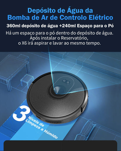 Aspirador Robô ABIR X6 – Navegação Visual, APP com Barreiras Virtuais, Sucção de 6000PA, Mop Inteligente e Lavagem de Pisos e Carpetes