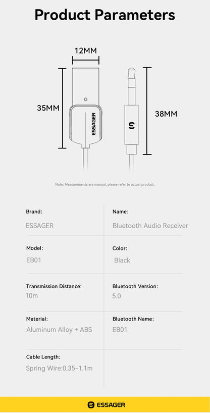 Transmissor e Receptor Bluetooth 5.0 ESSAGER – Áudio Sem Fio para Carro com Cabo Auxiliar P2