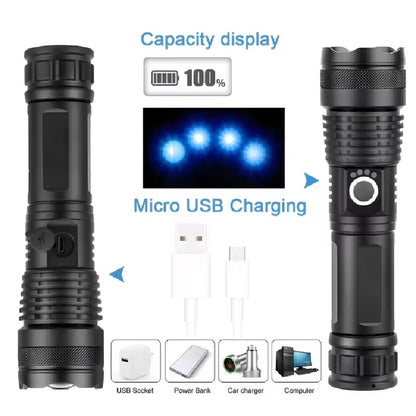 Lanterna Tática Militar T9 Super Potente – LED Recarregável com Zoom Longo Alcance para Camping, Sítio e Vigilância