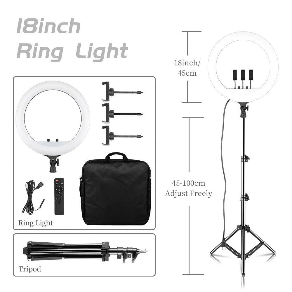 Ring Light LED 18 com Tripé Ajustável e Controle Remoto – Iluminação Profissional para Foto e Vídeo