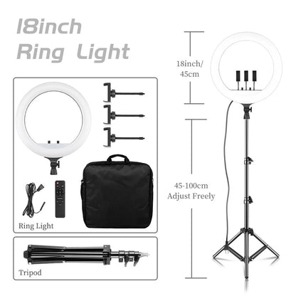 Ring Light LED 18 com Tripé Ajustável e Controle Remoto – Iluminação Profissional para Foto e Vídeo