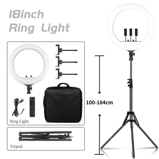 Ring Light LED 18 com Tripé Ajustável e Controle Remoto – Iluminação Profissional para Foto e Vídeo