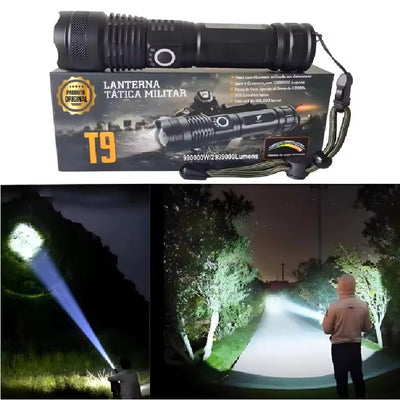 Lanterna Tática Militar T9 Super Potente – LED Recarregável com Zoom Longo Alcance para Camping, Sítio e Vigilância