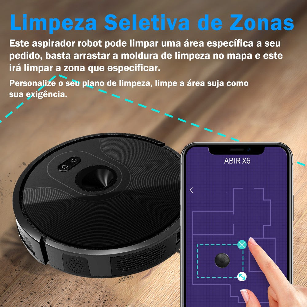 Aspirador Robô ABIR X6 – Navegação Visual, APP com Barreiras Virtuais, Sucção de 6000PA, Mop Inteligente e Lavagem de Pisos e Carpetes