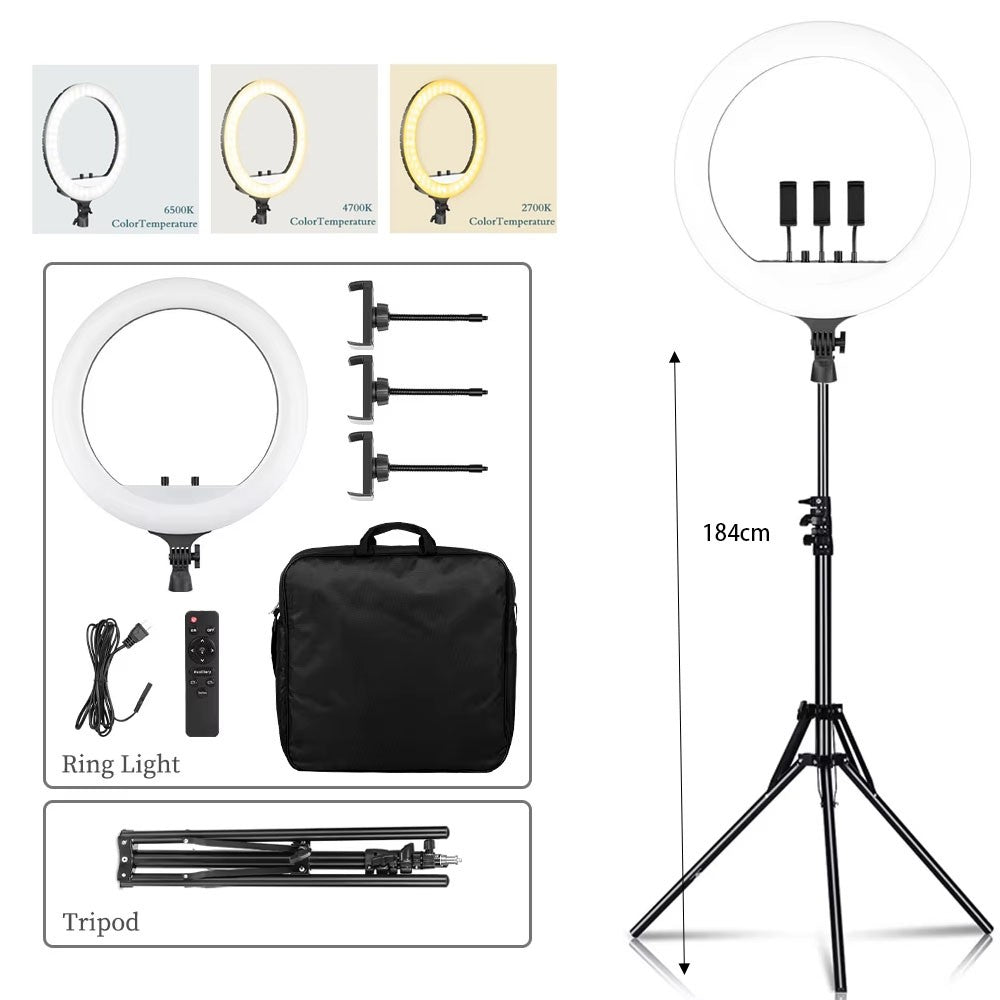 Ring Light LED 18 com Tripé Ajustável e Controle Remoto – Iluminação Profissional para Foto e Vídeo