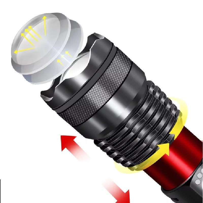 Lanterna Tática Militar T9 Super Potente – LED Recarregável com Zoom Longo Alcance para Camping, Sítio e Vigilância