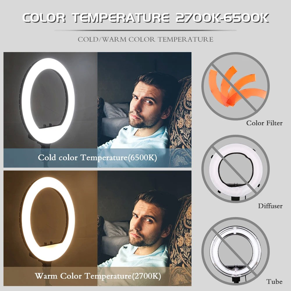 Ring Light LED 18 com Tripé Ajustável e Controle Remoto – Iluminação Profissional para Foto e Vídeo