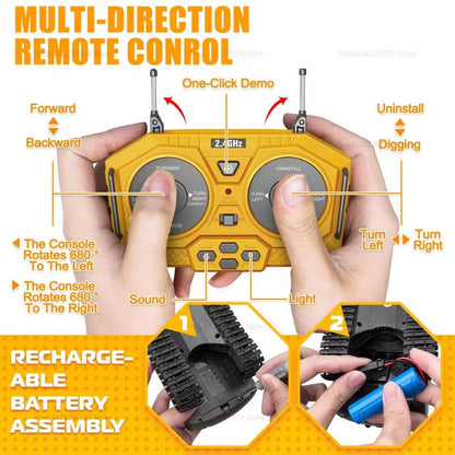 Máquina de Controle Remoto Infantil 2.4G 4WD - Caminhão Basculante, Escavadeira, Pá Carregadeira, Trator de Esteira