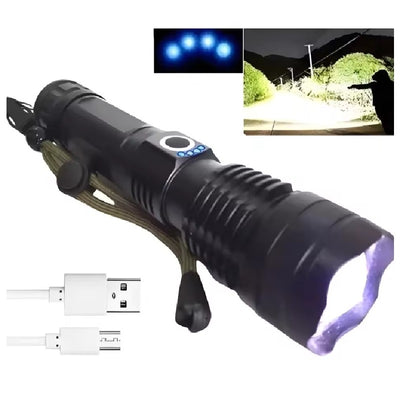 Lanterna Tática Militar T9 Super Potente – LED Recarregável com Zoom Longo Alcance para Camping, Sítio e Vigilância